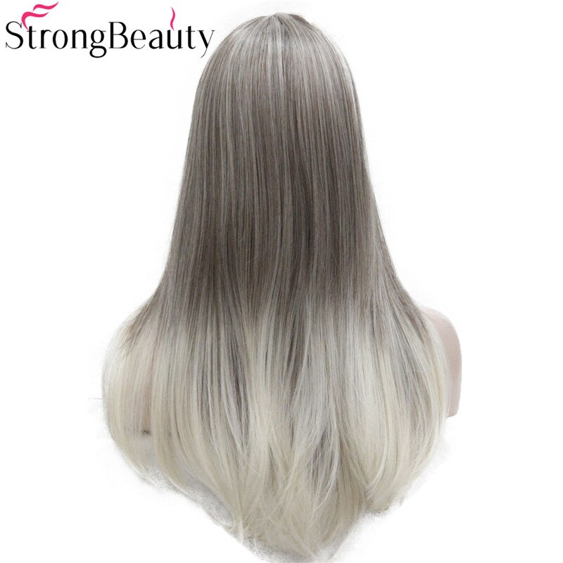 StrongBeauty Long Straight Wigs Women's Synthetic Wig Light Brown Root with Blonde Tip Dot Skin Top Hair