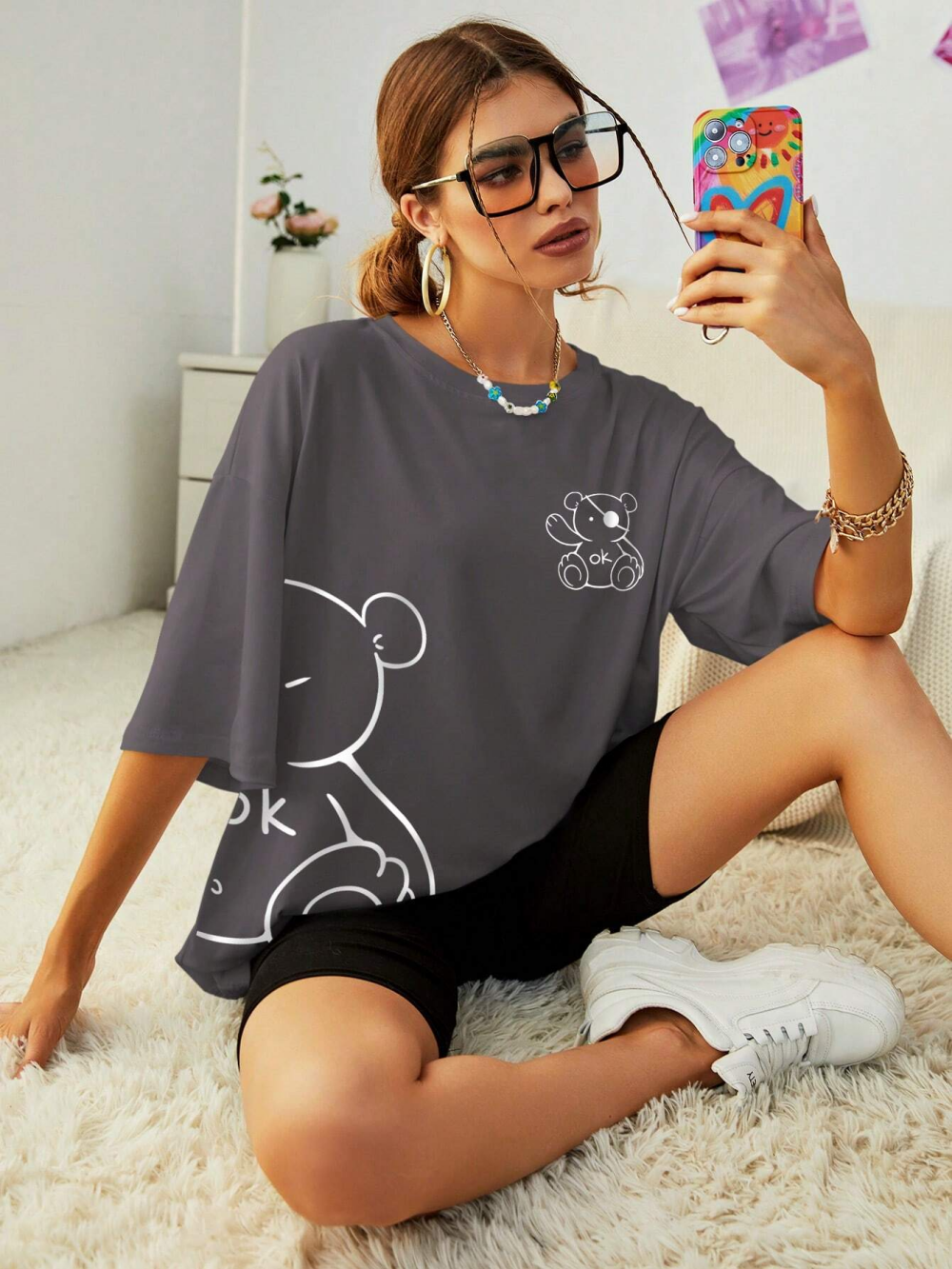 Femmes coton T-Shirts Kawaii OK ours en peluche imprimés graphiques T-Shirts été décontracté femme vêtements confortable hauts de rue: XXL / Gris foncé