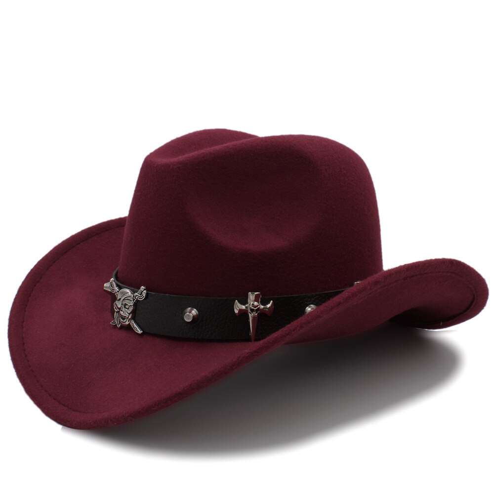 Kvinder mænd uld hule vestlige cowboy hat pirat læder bælte herre far jazz ridning sombrero hombre cap størrelse 56-58cm: Rødvin