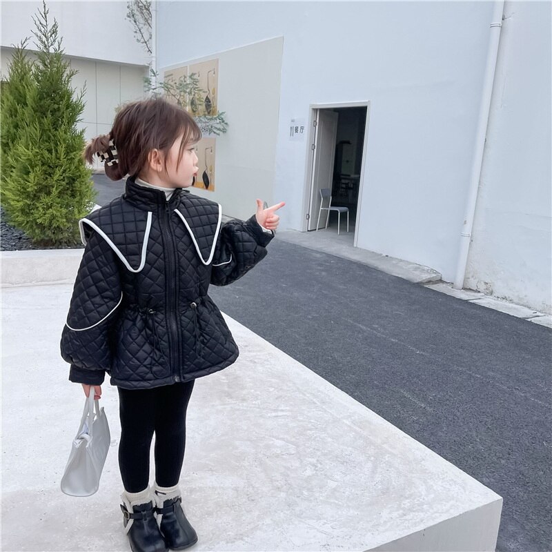 2021 cappotto invernale da bambina in stile coreano cappotto a maniche lunghe colletto rovesciato giacca in cotone pile a vita alta bambini capispalla caldo E2048