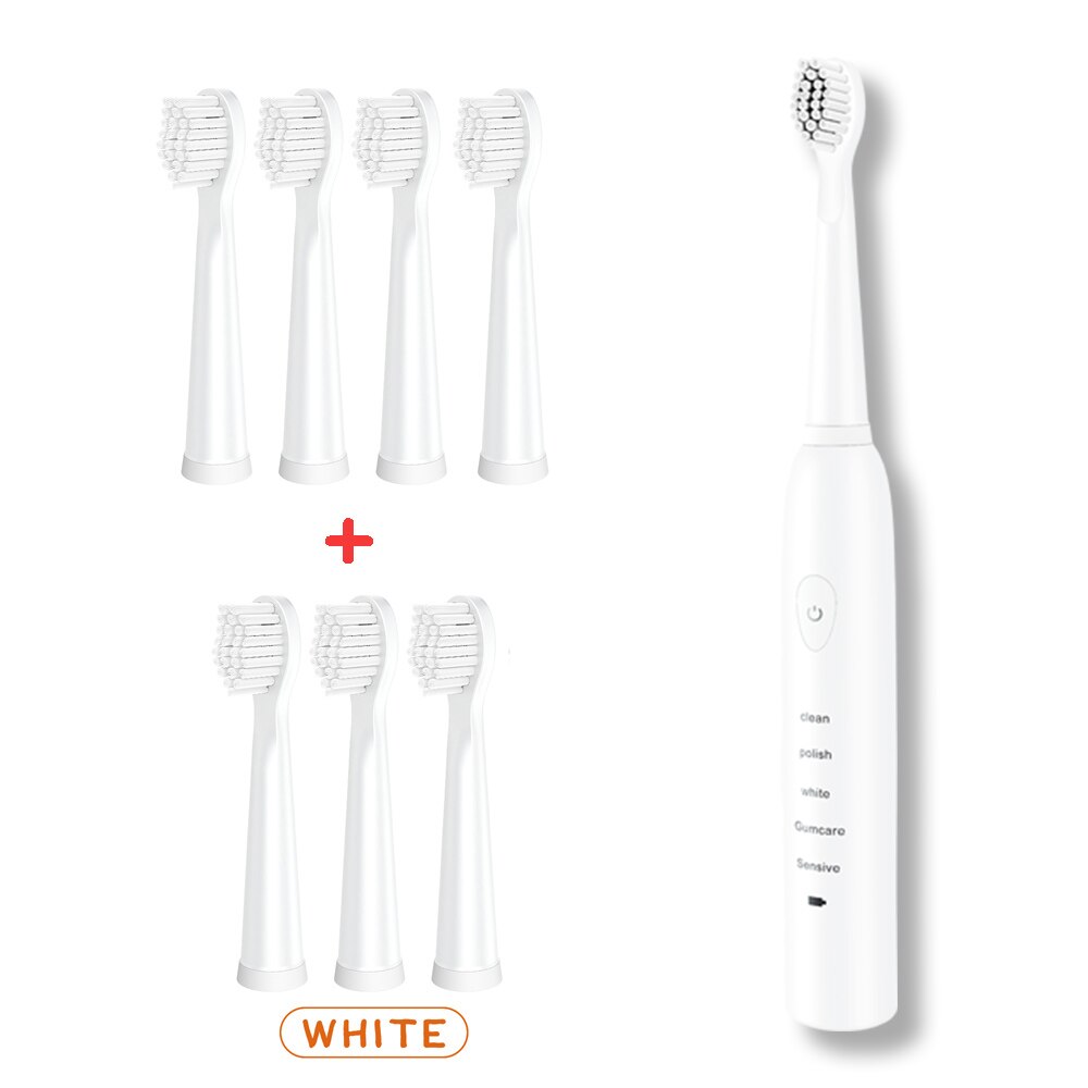Brosse à dents électrique sonique puissante Ultra sonique USB Charge brosses à dents rechargeables brosse à dents de blanchiment électronique lavable: White-brushhead-8