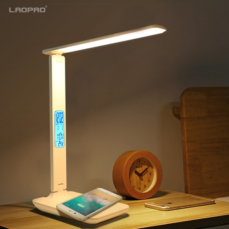 Laopao Led Tafel Bureaulamp Qi Draadloos Opladen Met Kalender Temperatuur Wekker Oog Beschermen Leeslamp Tafellamp