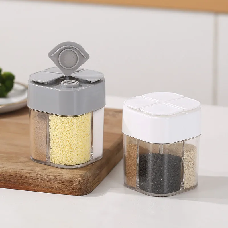 4-in-1 Plastic Transparent Salt Pepper Shaker Spice Dispenser 4 Compartment BBQ Camping Seasoning Jar with Lids for Cooking
