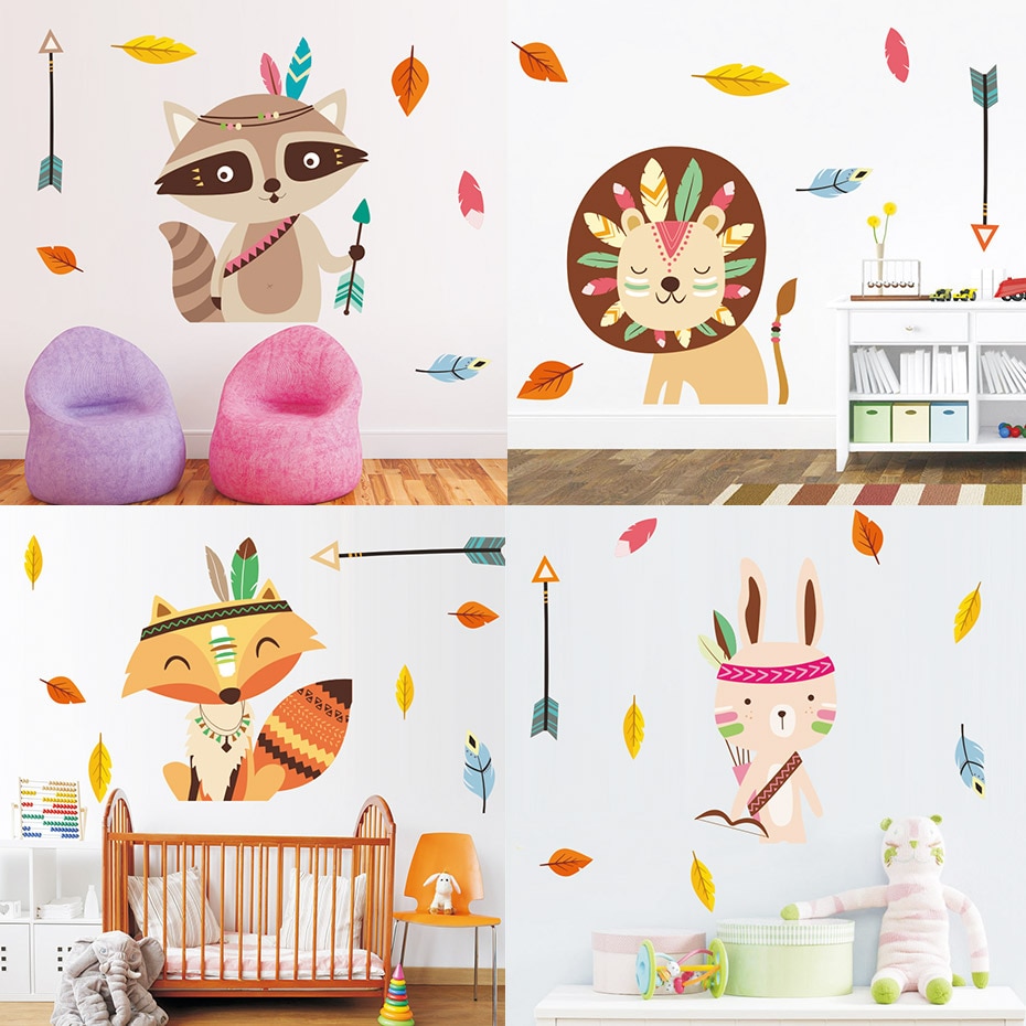 Chasse Tribal bois raton laveur chat mur décalcomanie chambre décor lapin ours autocollants pour pépinière enfants chambre maison murale