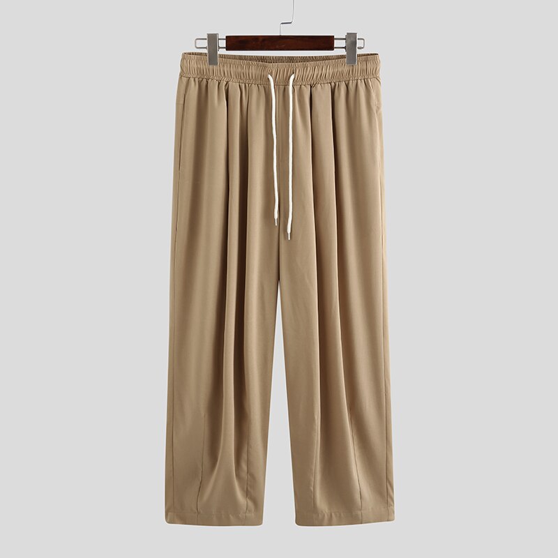 Men Wide Leg Pants 2022 Drawstring Joggers Plain Pockets High Street Casual Trousers Men Baggy Harem Pants INCERUN S-5XL: 5XL / Khaki Pants