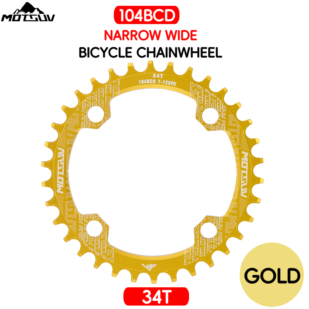 Manivela redonda para bicicleta, rueda de cadena angosta y ancha de placa única con forma redonda MTB 104BCD, 32T/34T/36T/38T: Gold Round 34T