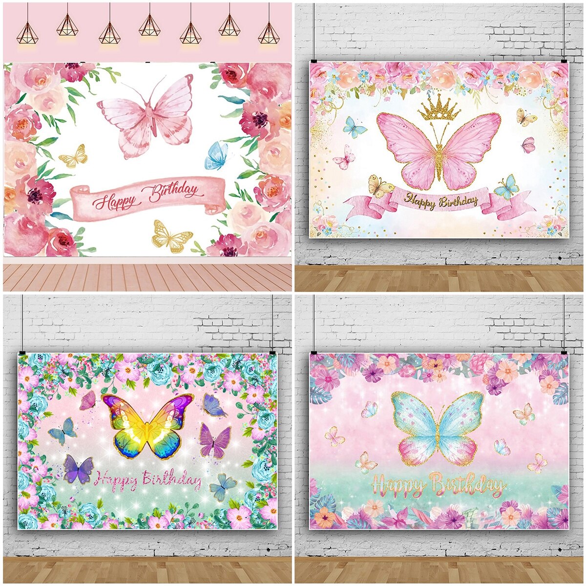 Pink Butterfly Birthday Party Backdrops Wedding Decorations Photo Booth Background Baby Shower Girl Hanging Flag Backdrop Props