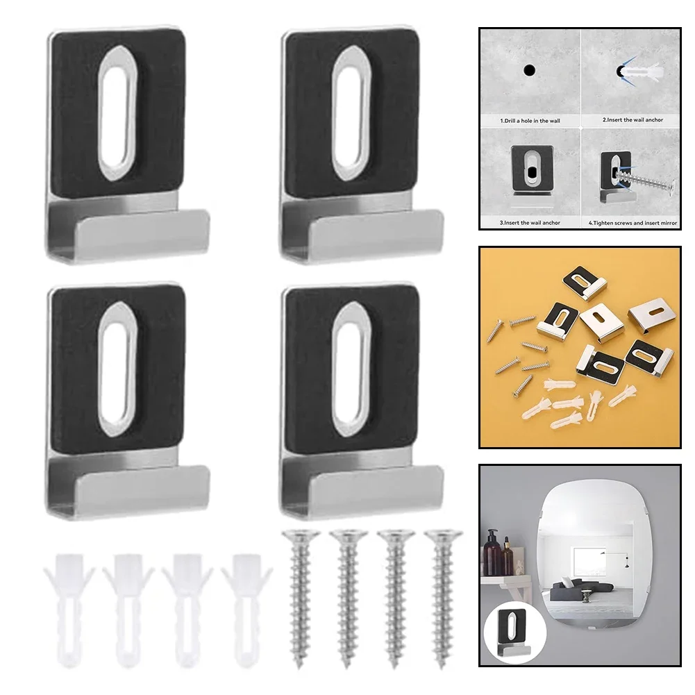 Abrazadera de Clips para espejo de pared de vidrio, Kit de fijación de montaje en pared de vidrio para espejo de baño sin marco, Hardware con tornillos, soporte para espejo, 4 Uds.