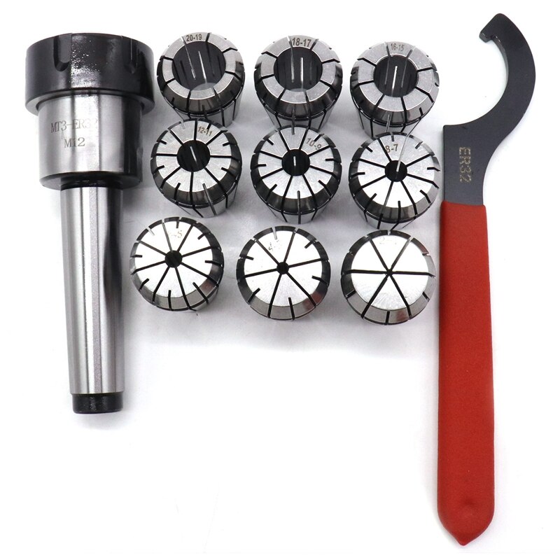 9Pcs Er32 Spring Collets Set 2/4/6/8/10/12/16/18/20Mm + 1Pcs Mt3 M12 Er32 Collet Chuck Morse Taper Holder Collet Power Tool Set