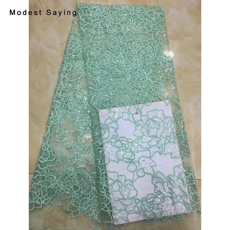 2 Yards Khaki Sequined Flowers Lace Fabrics for Evening Dress Embroidered Mesh Party Prom Net Lace Material: Green