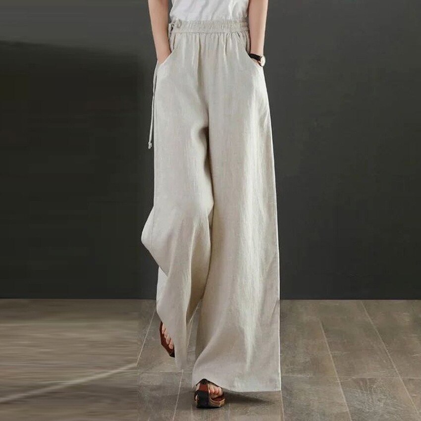 Pantaloni larghi in vita elastica in lino pantaloni Casual da donna in tinta unita allentati letterari 2022 pantaloni estivi Kung Fu di nuovo stile: Color5 / M