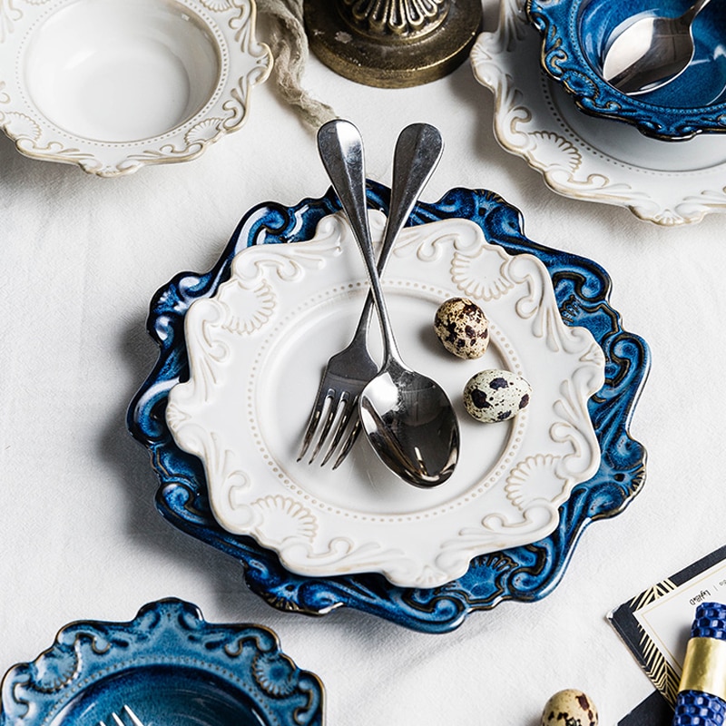 European retro ceramic plates tableware dinner plates ceramic embossed pattern porcelain dessert plate cake plate