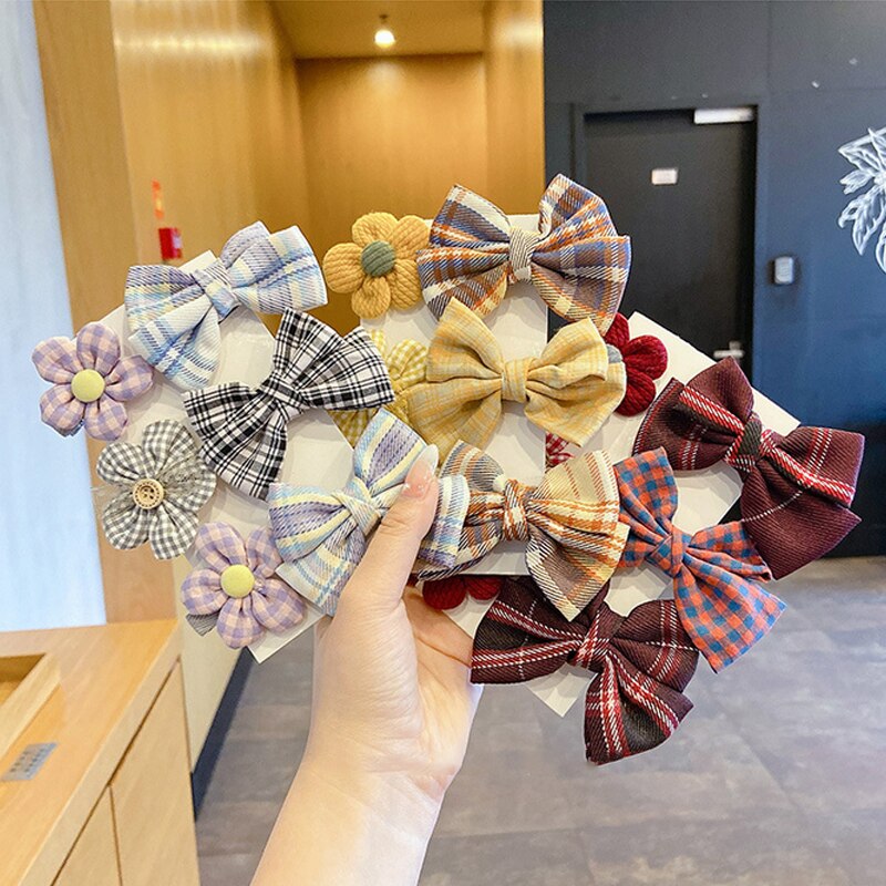 6/7 Pcs Baby Haar Clips Bloem Bogen Kids Haarspelden Voor Meisjes Plaid Gedrukt Kinderen Haarspeldjes Baby Meisje Haar Accessoires