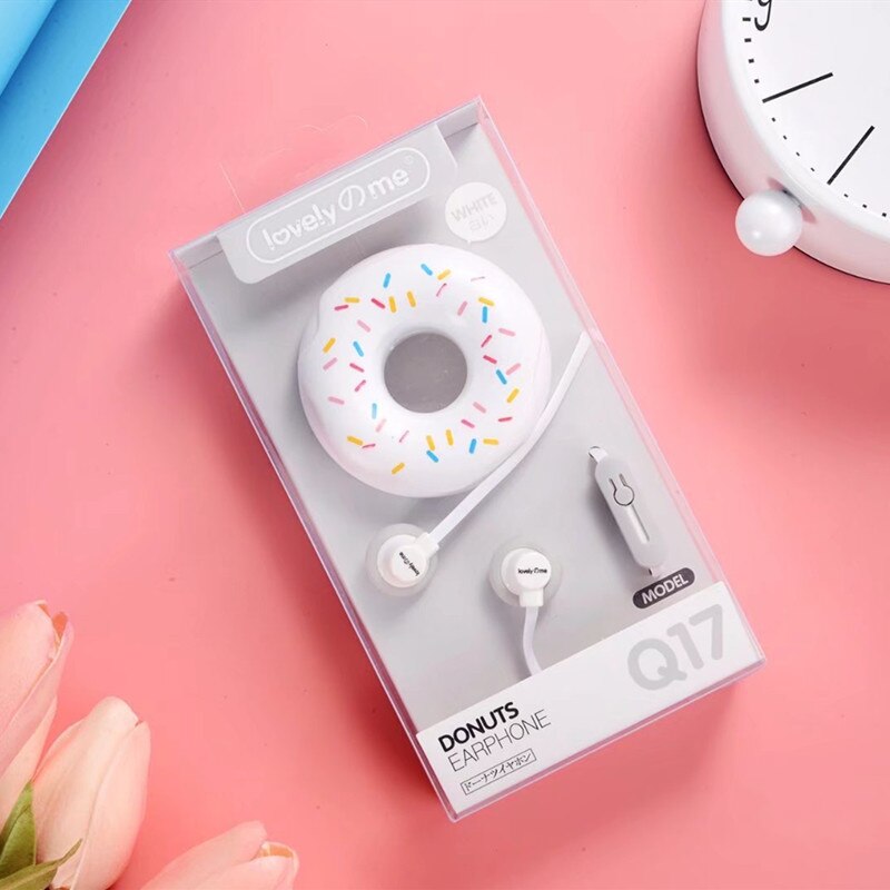 Cute Donuts Macaron Earphone 3.5mm In-ear Stereo Wired Earbuds with Mic Earphone Case for Kids Girls MP3 for IPhone Xiaomi: White with pacakge