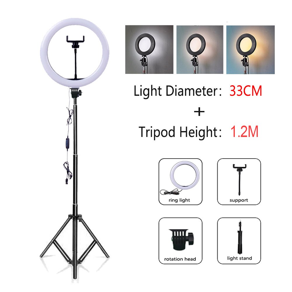 Mamen 33/26cm ringlamp met standaard voor telefoon, dimbare led selfie ringlamp met statief, usb selfie licht fotografie ringlamp: L33cm-t1.2m