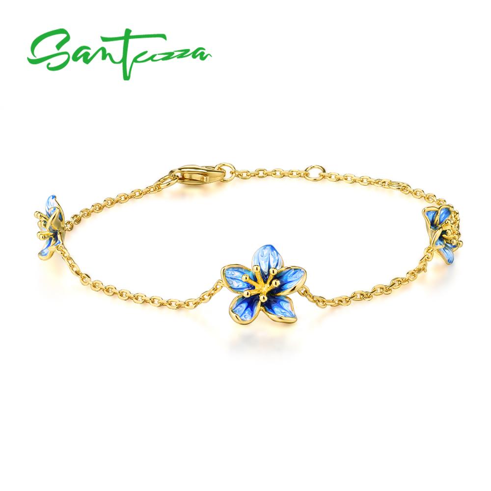 SANTUZZA Silver Bracelet for Women Pure 925 Sterling Silver Exquisite Flowers Trendy Chic Fine Jewelry HANDMADE Enamel