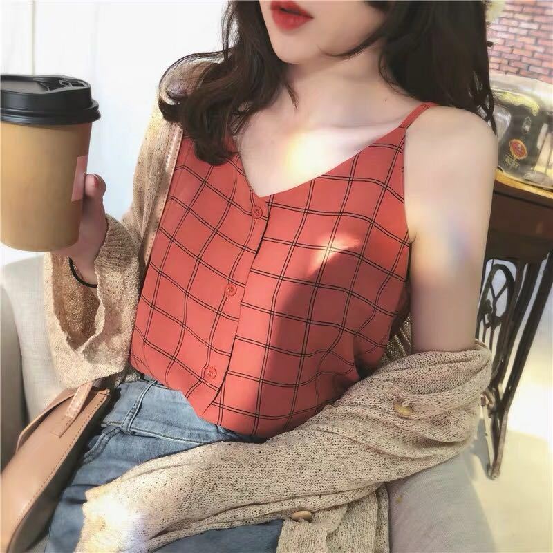 Women Plaid Sling Shirt Female Short Sleeve Elastic Blouse Summer Lady Small Tops