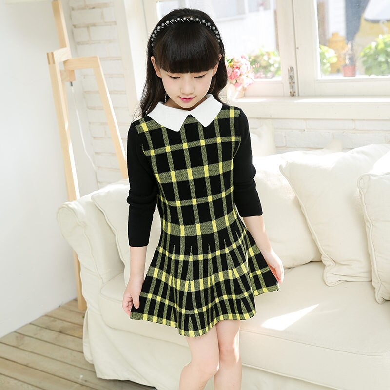 Preppy Style Kids Red Plaid School Dress Knitwear Girls Long Sleeve Cotton Knitted Dress Sweater Princess Slim Knitwear 13 To 4T