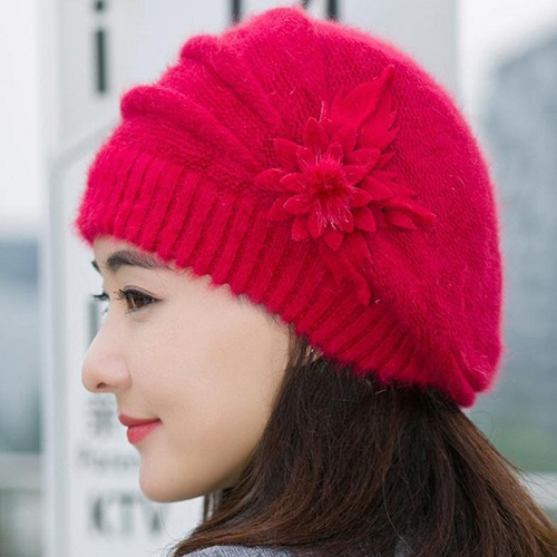 Ski Wandelen Mutsen Vrouwen Winter Hoeden Gebreide Meisjes Bonnet Caps Bergbeklimmen Dame Hoeden Wol Bont Beanie Bloem Skullies Hoed: Red