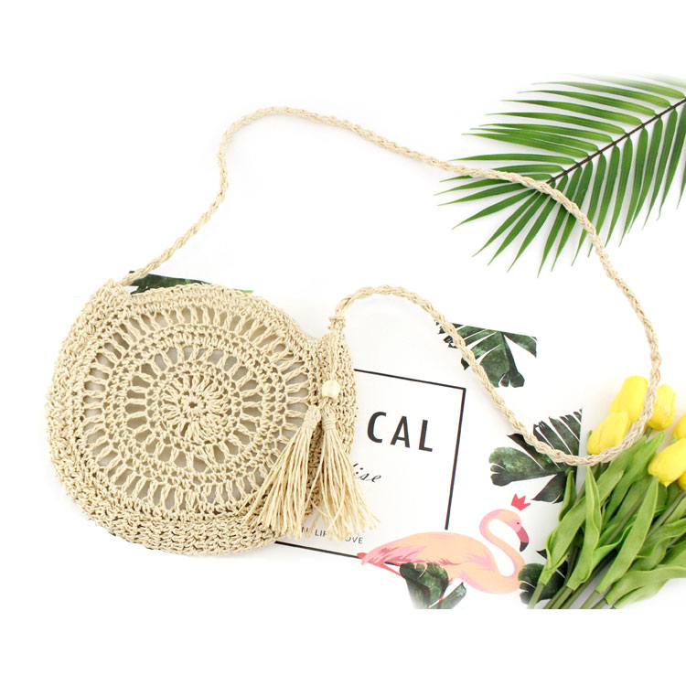 Rattan Woven Round Women Straw Bag Handbag Knit Summer Beach Bag Woman Shoulder Messenger Bag Tassel Khaki Beige Bags