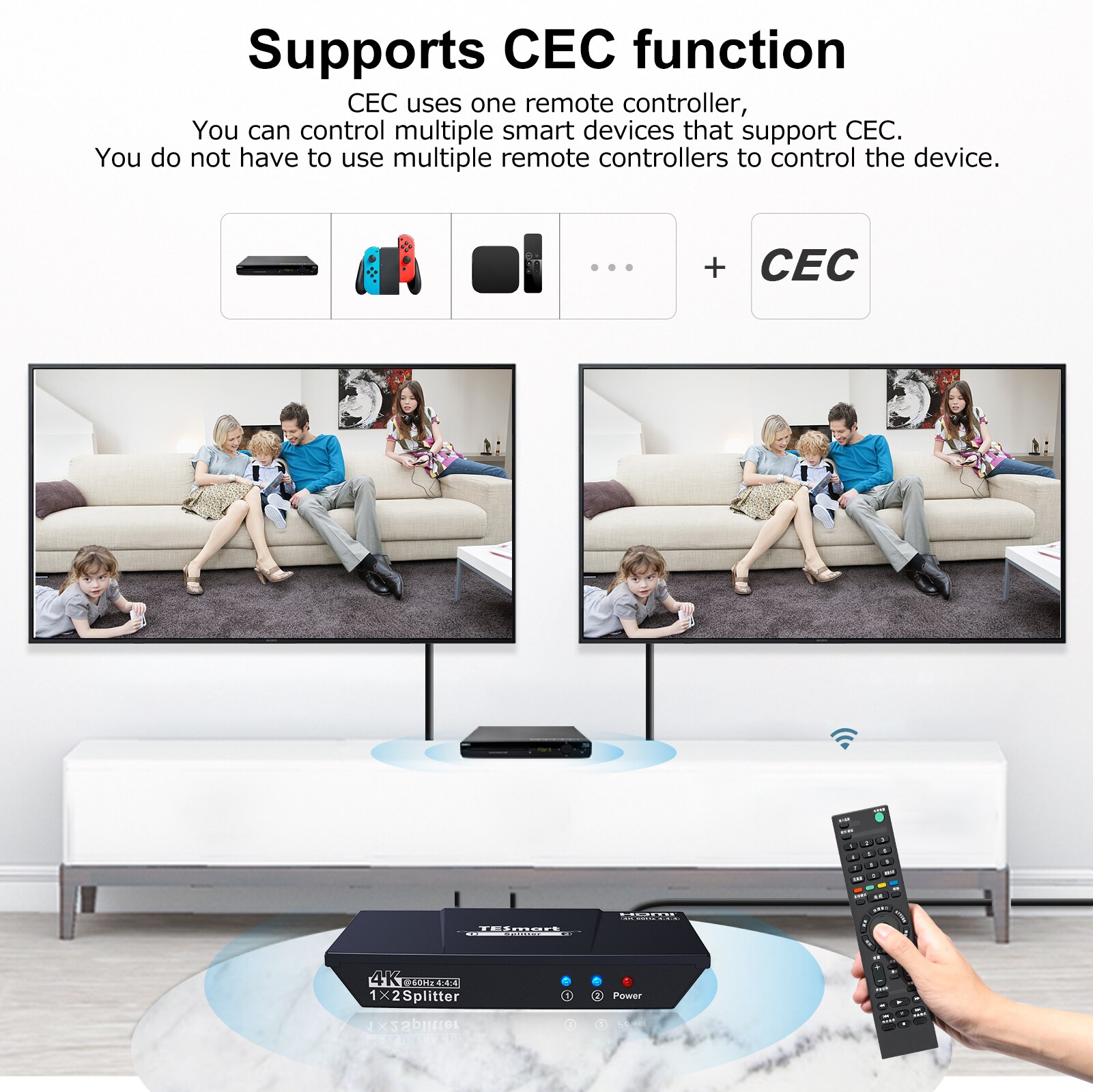 4K HDMI Splitter 1 in 2 Out, HDMI Splitter Dual Monitor Support 4K@60hz, HDR10, HDCP 2.2, CEC, Compatible with Fire Stick,