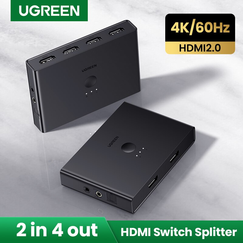 Ugreen Hdmi Splitter 2 In 4 Out 4K/60Hz Voor Xiaomi Mi Box Xbox Hdmi Switcher Met ir Controller &amp; 3.5Mm Audio Poort &amp; Spdif-Poort