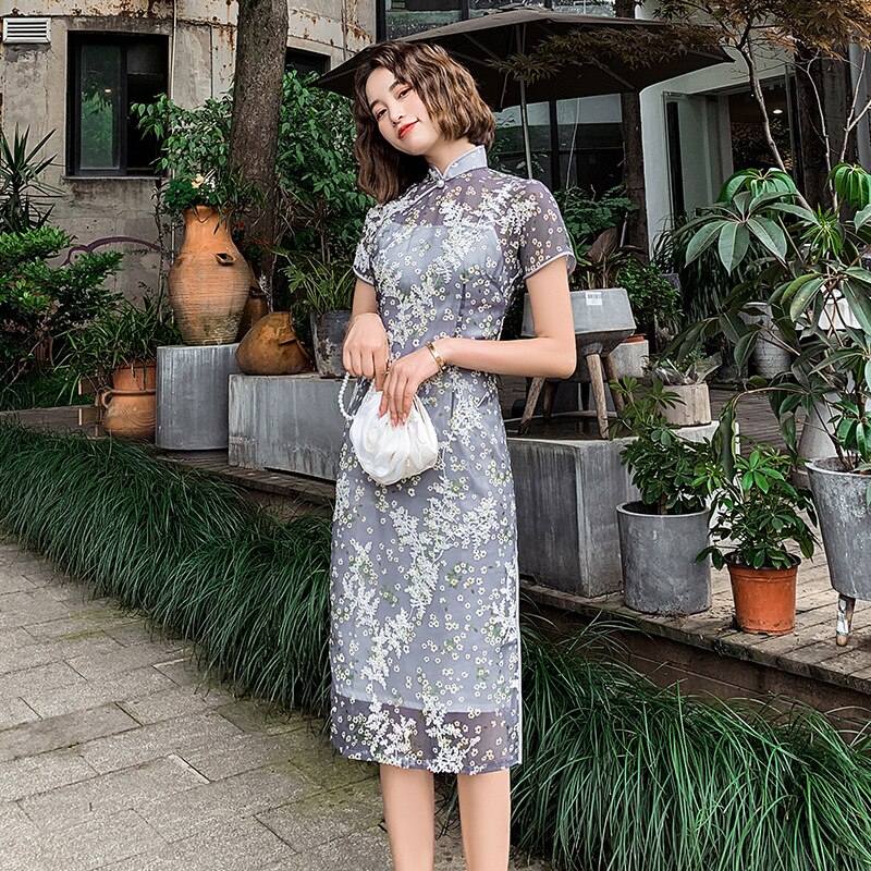 FZSLCYIYI Ladies Satin Silk Qipao Dress Lace Embroidery Traditional Clothing Chinese Knee-length Qipao Dresses