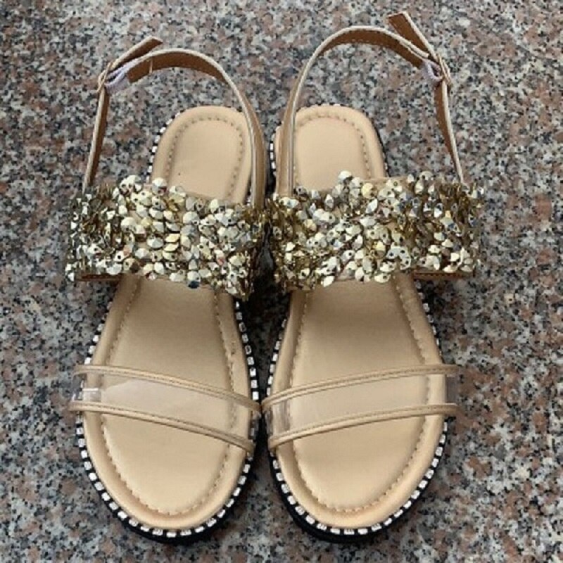 Sandalen Vrouwen Flats Schoenen Zomer Casual Glitter Gesp Transparante Pu Rome Dames Crystal Vrouw Strand Femlae Bling