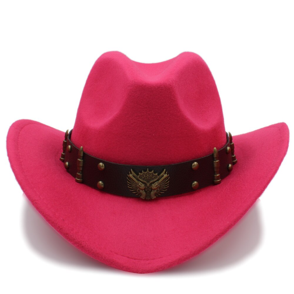 Kvinders uld western cowboy hat roll-up brim lady fascinator jazz hestesport sombrero hombre fedora cap størrelse 56-58cm: Rosenrød