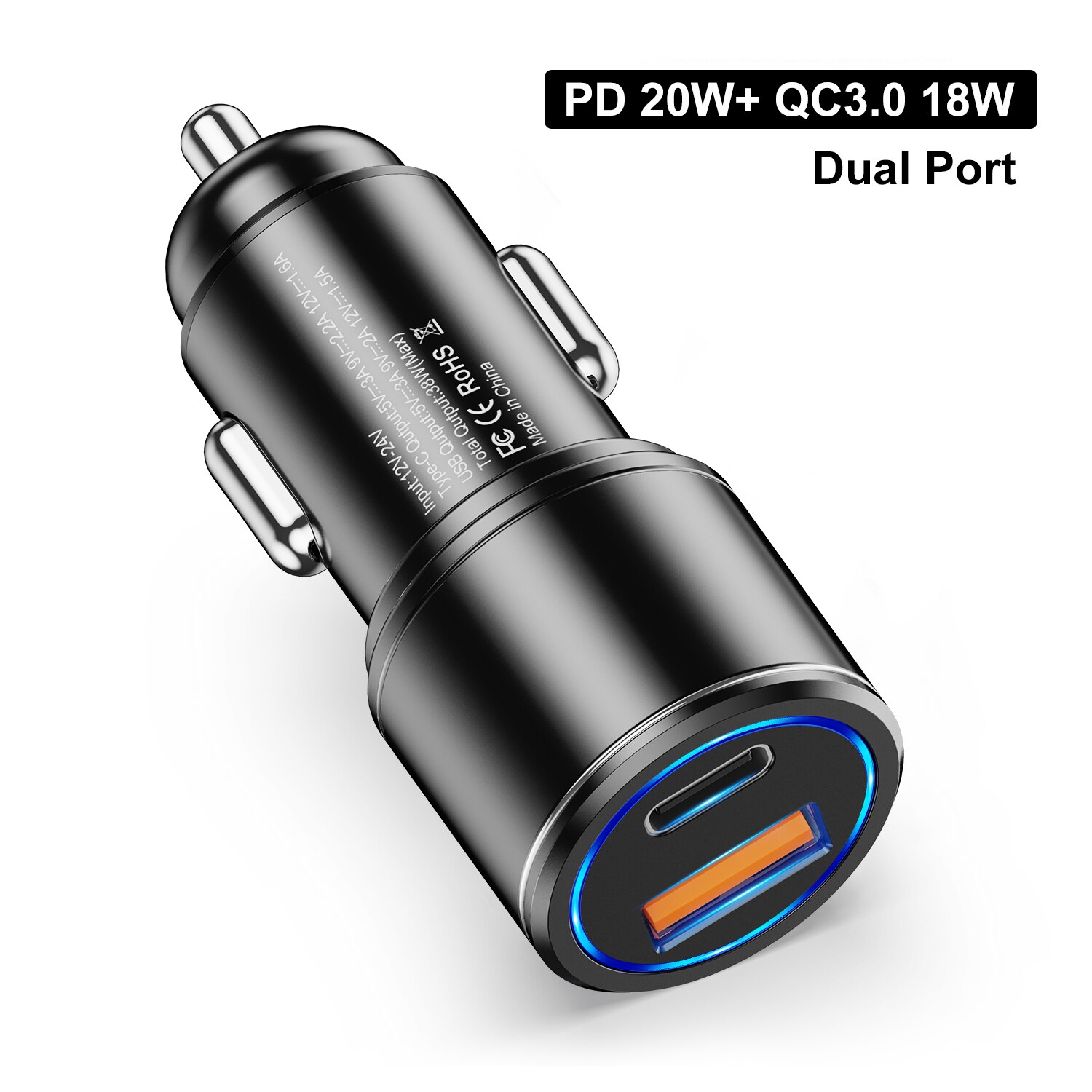 38w usb car charger fast charging type-c qc  pd 3,0 fast charging car phone charger for iphone 13 12 pro max 11 xiaomi: Black