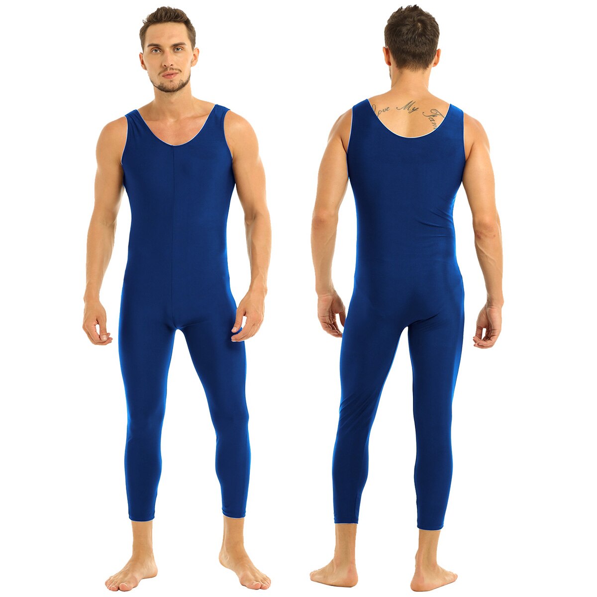 Sexy Mens Adults Well Fit One Piece Scoop Neck Sleeveless Skin-Tight Solid Color Vest Unitard Bodysuit Dancewear for Performance: Navy Blue / XL