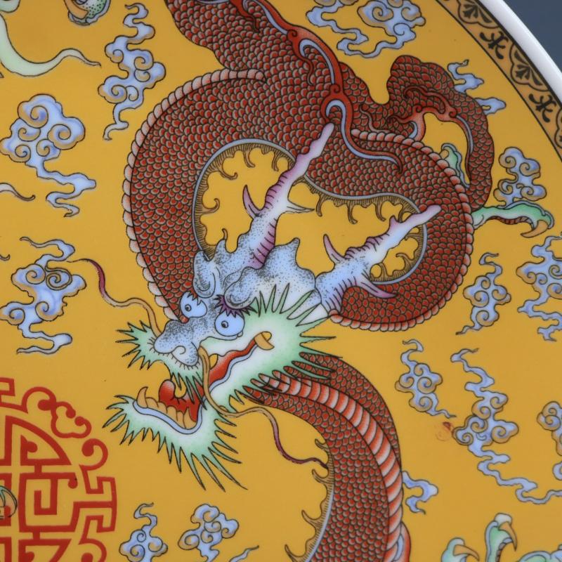 Qing Dynasty Qianlong pastel gold dragon and phoenix pattern plate antique handicraft porcelain home decoration ornaments plate