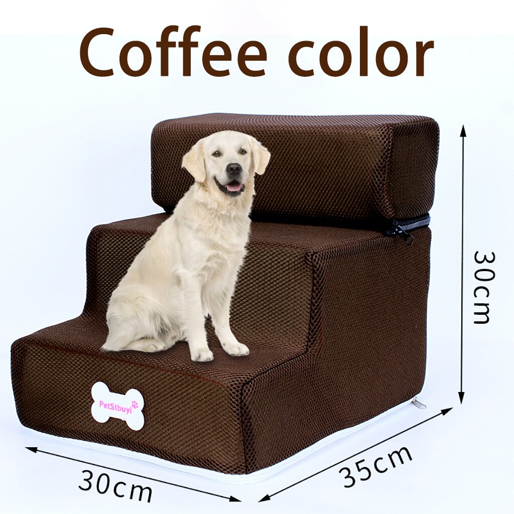 Breathable Mesh Foldable Pet Stairs Detachable Pet Bed Cat Dog Ramp 3 Steps Dog Training Stairs: Coffee 