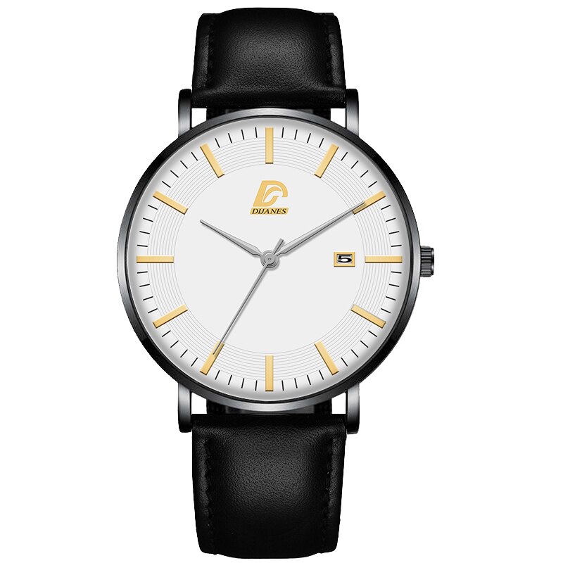Dijanes miesten business minimalistiset kellot ultraohut ruostumaton teräsverkko vyö analoginen kvartsi rannekello reloj hombre: Nahka musta kulta