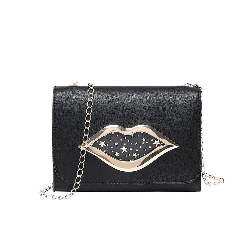 De de Color sólido estrella labios decoración Cadena de hombro bolsos Messenger de cuero de la PU mujeres Cadena de cuero bolsas: Black