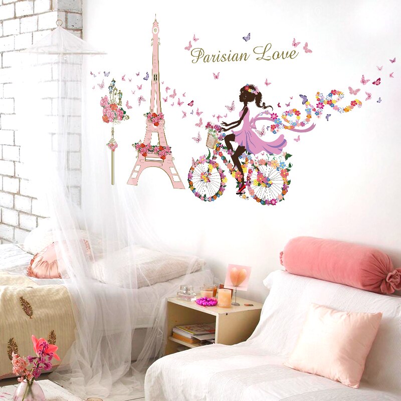 Smuk blomst fe pige cykel eiffeltårnet kærlighed sommerfugl boligindretning wallsticker piger baby børneværelse dekoration vægmalerier
