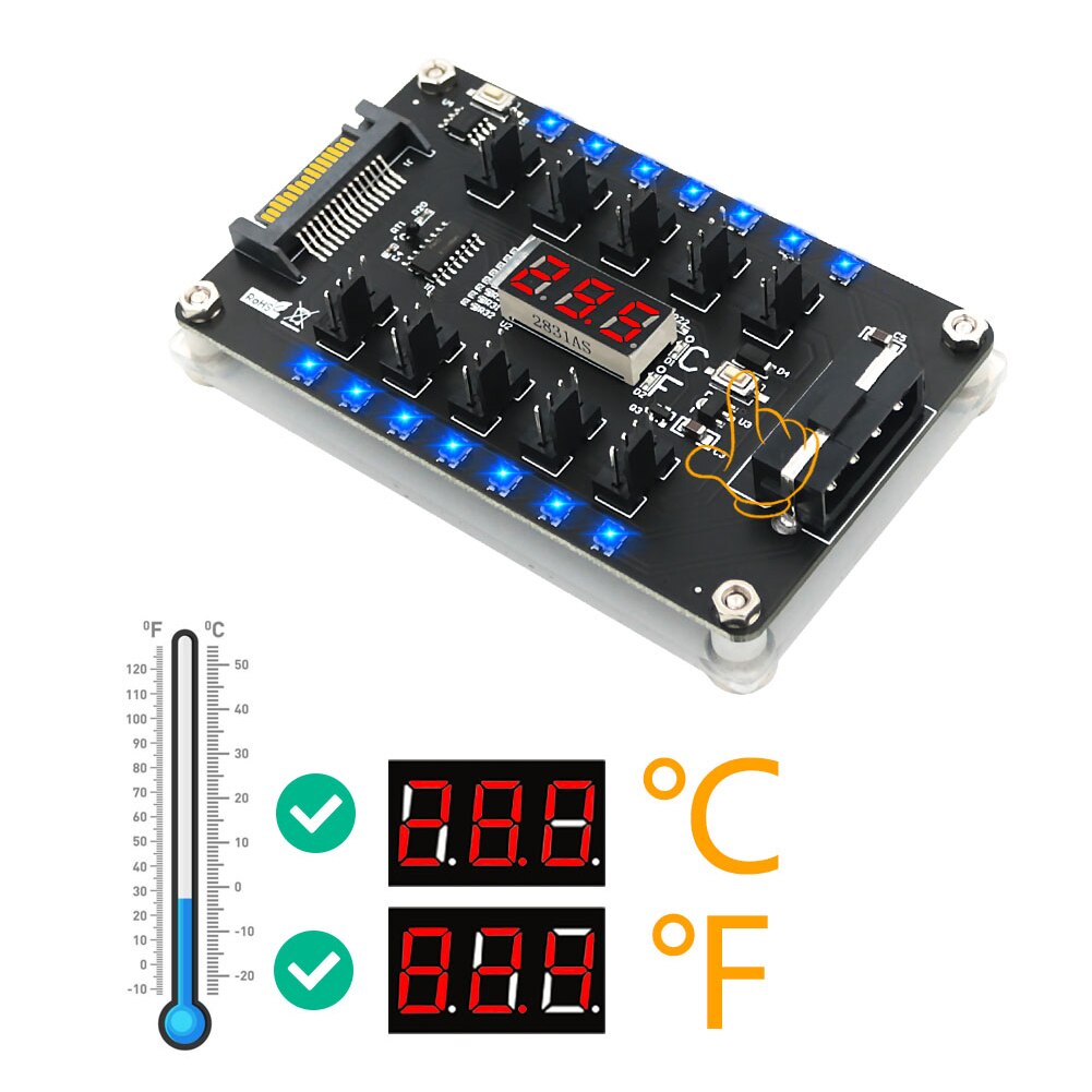 12V 4 Pin Cooling Fan 10 Ports RGB Hub Splitter PC Chassis Cooler Controller LED Temperature Display Computer Monitor Adapter