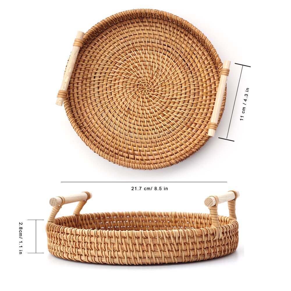 Ronde Rotan Lade Brood Mand Fruit Taart Plaat Dienblad Houten Storag Servies Rieten Trays Met Handvat Decoratie: 22cm