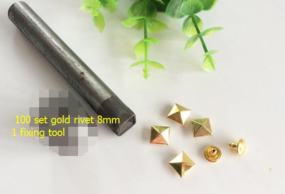 1set Square Rivet Fixing tool kit+ 100set 8 Pyramid Studs Rivet Nailhead Spike Square Leather Craft DIY Rock Punk: Gold