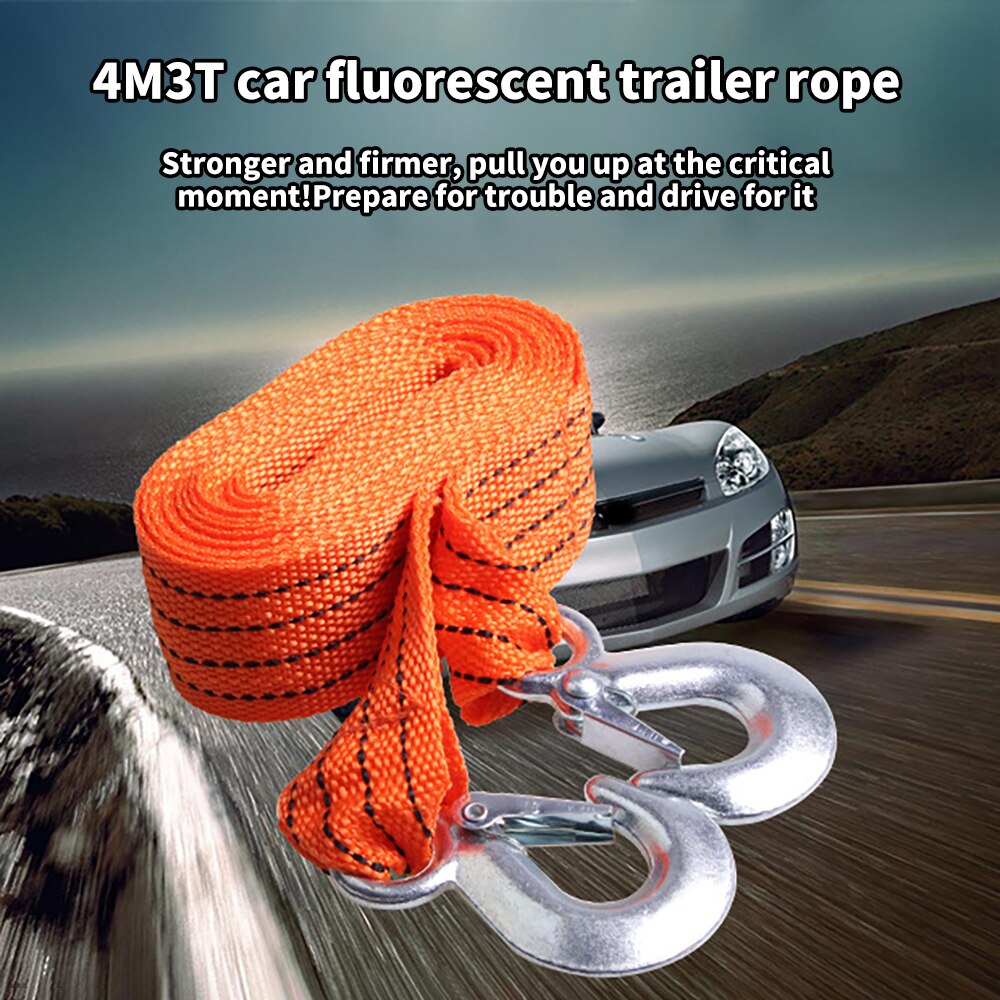 Auto Tow Strap 4M 3 T Zware Sleepkabel Met Stalen Haken Fluorescerende Touw Voor Truck Auto tot 3 Ton