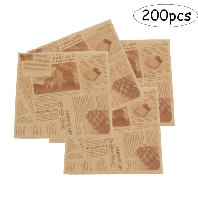 Papel de pergamino para envolver sándwich, envoltura de comida resistente a la grasa, revestimientos de cesta a cuadros, Impresión de periódico, papel de cera antiadherente, 200 Uds.: Default Title