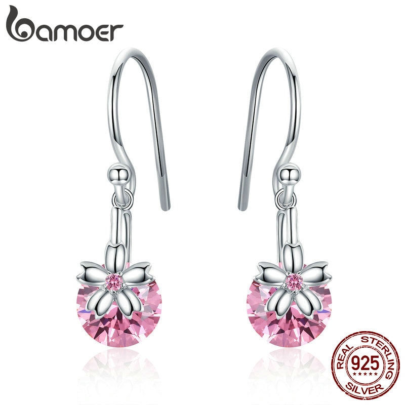Bamoer romântico 925 prata esterlina sakura rosa flor zircão cúbico gota brincos feminino jóias de casamento bse039