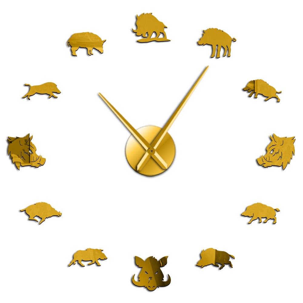 3D Sus Scrofa Wild Boar Figures Wall Art Mirror Stickers DIY Giant Mute Wall Clock Wild Pig Large Hanging Watch Hunter: Gold / 27 Inch
