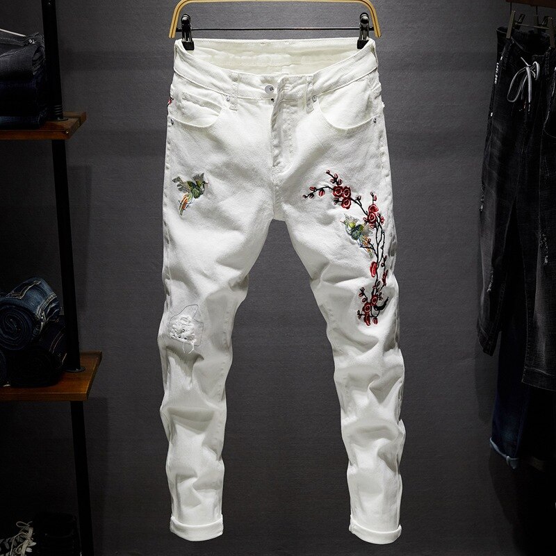 Homme fleur broderie déchiré jean mince stretch denim pantalon blanc bleu gris noir: White / 38