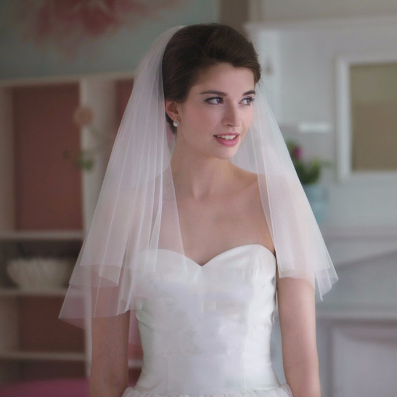 Velo de novia corto y sencillo de tul de dos capas con peine, velo de novia blanco marfil para novia, accesorios de boda: YELLOW