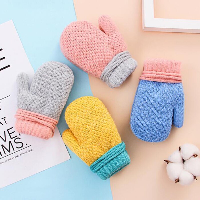 Children Mittens Winter Knitted Rope Gloves Solid color Full Finger Gloves Cartoon Children Toddler Kids Hanging Neck Gloves
