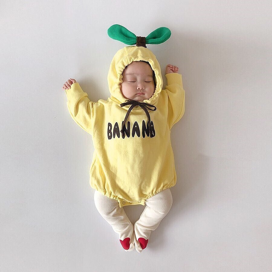 Bebé de invierno otoño niña Bodysuit niño Bebe mamelucos con capucha Manzana Roja Banana disfraz de naranja