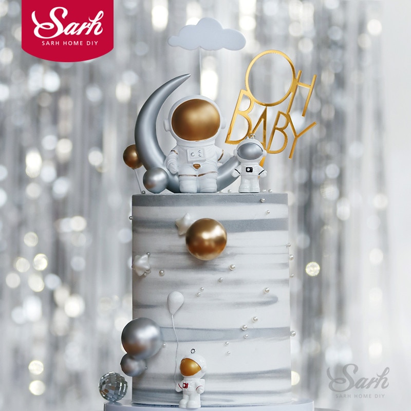 Moon Spaceship Astronaut Decorations Rocket Oh Baby Baking Happy Birthday Cake Topper Wedding Baby Shower Boy Girl Love