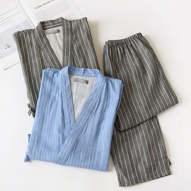Yukata-Conjunto de pijama japonés de algodón puro para hombre y mujer, ropa de casa de manga larga, traje de Kimono tradicional para verano y otoño