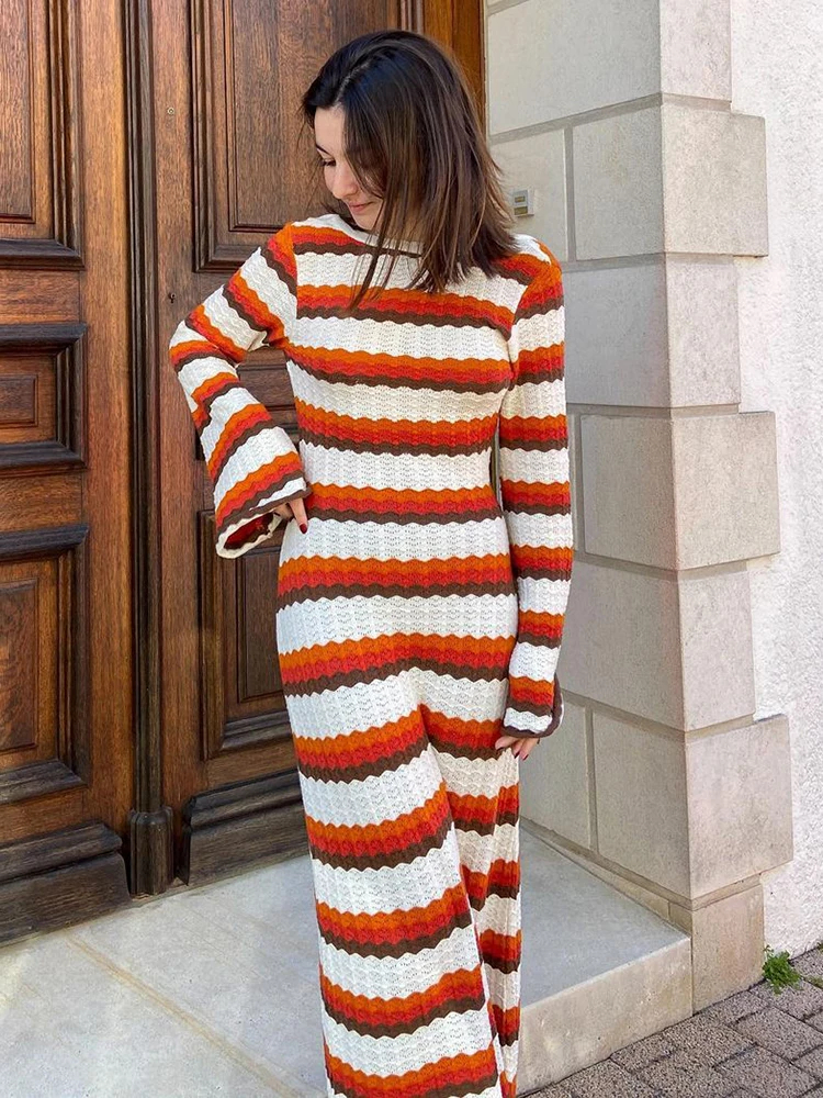 Knitted Crochet Stripe Maxi Dress Women Horn Sleeve Beach Dress Female Evening Party Chic Long Dresses